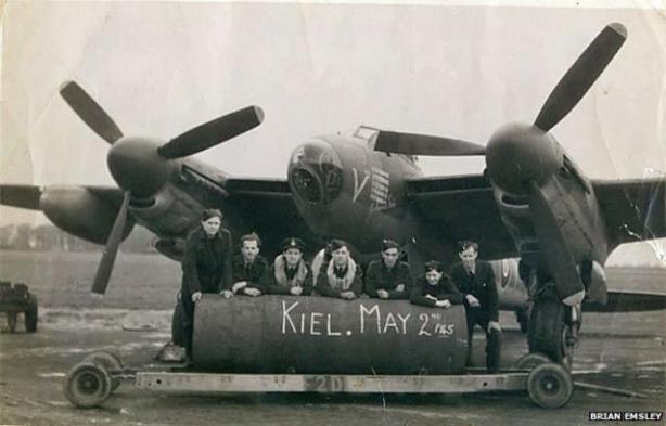 last raid - Kiel canal ground & air crew photo 2 May 1945 at Downham Market found by Brian Emsley, Welwyn G, father Edward Emsley far left httpwww.bbc.co.uknewseducation-32532153