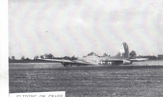 B-17 Flying Fortress ('FR-C', 42-38183) "The Lost Angel" of the 379th BG sliding on grass after crash landing, flown by Lieutenant Edmund H Lutz at Kimbolton. (Roger Freeman Collection)
